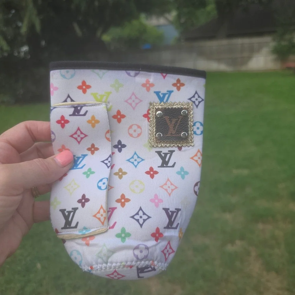 Custom Repurposed Designer Monogram Drink Insulator Sleeve Multicolor White